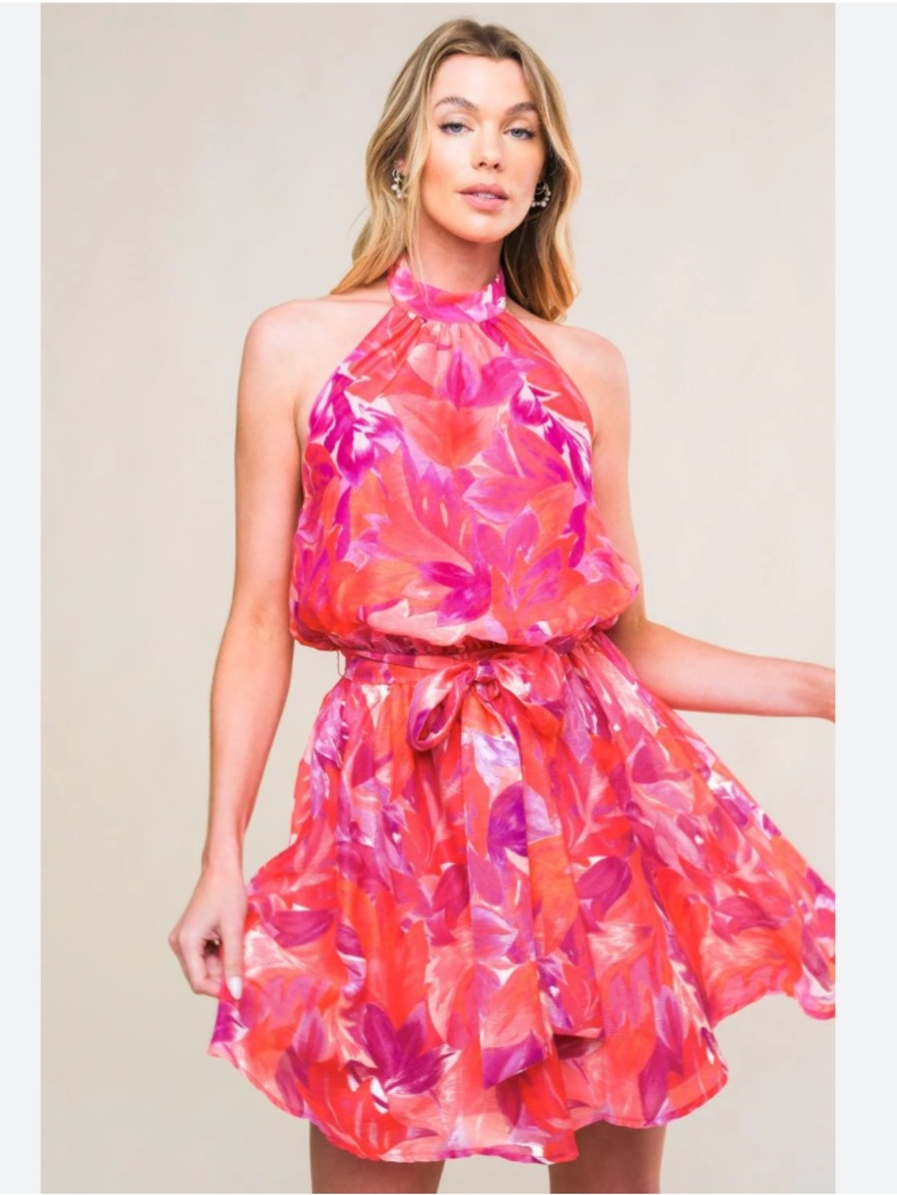 Flying Tomato Hot Pink Floral Halter Dress
